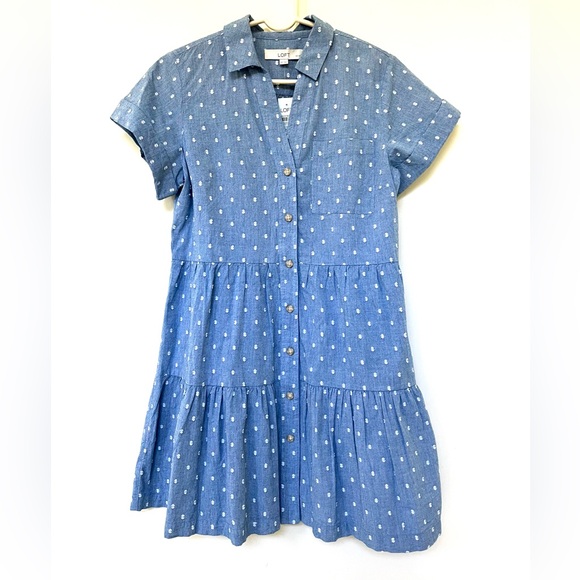 Flouncy Chambray Dress with Swiss Dots by Loft - Medium Petite - NWT - Picture 1 of 8